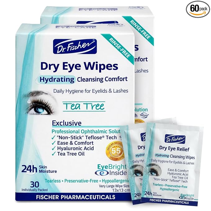 Dr. Fischer Tea Tree Eyelid Wipes - Gentle Eye Wipes for Everyday Eye Cleansing and Hypoallergenic Makeup Remover (60 Wipes)