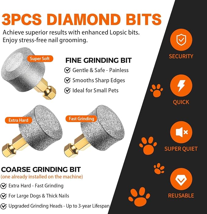 Whisper Quiet Dog Nail Grinder with 4 LED Lights, Safe & Stress-Free for Sensitive Dogs of All Breeds & Sizes, 3 Grinding Bits, 3-Speed, Pet Nail Trimmers, Rechargeable Painless Grooming Kit Orange