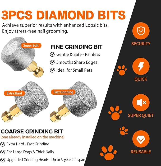 Whisper Quiet Dog Nail Grinder with 4 LED Lights, Safe & Stress-Free for Sensitive Dogs Cats of All Breeds & Sizes, 3 Grinding Bits, 3-Speed, Pet Nail Trimmers, Rechargeable Painless Grooming Kit Grey