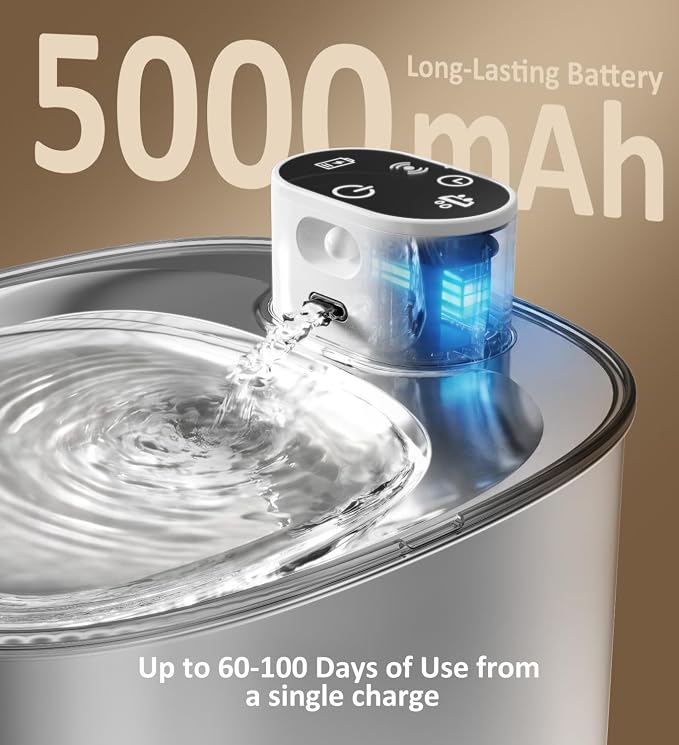 Cat Water Fountain Stainless Steel, 152fl-oz/4.5L Wireless Cat Fountain,5000mAh Battery Operated Pet Water Fountain for Cats Dogs,Ultra Quiet