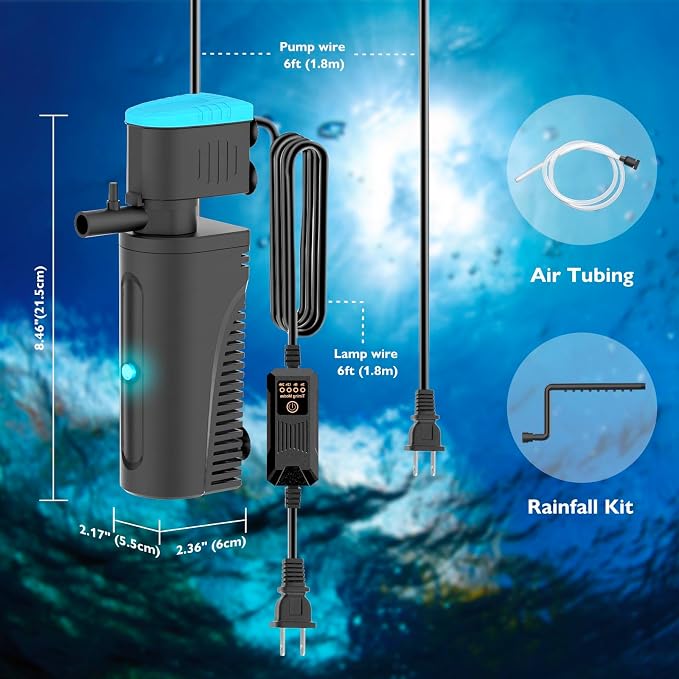 Aquarium Filter | U-V Fish Tank Filter for Green Water Cleaning | U-V Clarifier with Timer | Aeration & Rainfall Mode | Turtle Tank Filter | Submersible Pump with Filter | for 10-30 Gallons