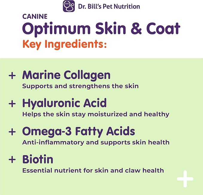 Dr. Bill's Canine Optimum Skin & Coat – Reduces Shedding, Itching, Dry Skin – Allergy Relief for Healthy Fur - Omega 3, Collagen, Biotin & Hyaluronic Acid – 680g Vet-Recommended Dog Supplement