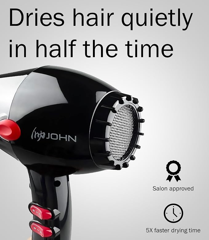 JOHN Professional Hair Blow Dryer, Fast Drying Powerful 2200W, Ionic for No Damage to Hair, Blast Turbo 6900, Black