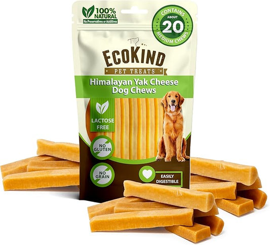 EcoKind Yak Cheese Himalayan Dog Chews, Yak Chews for Medium Dogs, Long Lasting Bone for Aggressive Chewers, Only 3 Ingredient Natural High Protein Dog Treat, No Additives, Medium - 20+ Chews (3 lbs)