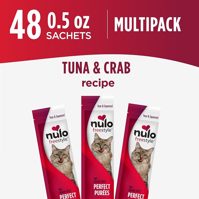 Nulo Freestyle Lickable Cat Treats - Perfect Purées Tuna & Crab, Squeezable Grain-Free Wet Cat Food Topper, High Moisture for Hydration, 48 x 0.5oz
