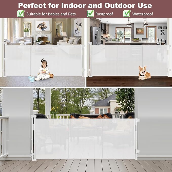 Reinforced 41 Inch Tall Retractable Dog Gate 80 Inch Extra Wide Baby Gate with Support Rods – Prevents Crawling Under, Indoor Retractable Baby Gates Outdoor Extra Tall Pet Gate, White