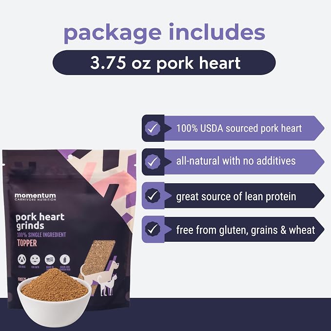 Momentum Carnivore Nutrition Freeze-Dried Pork Heart Pet Food Topper – Single-Ingredient, All-Natural Topper – High-Protein for Dogs and Cats, Grain-Free and Made in The USA– (3.75 oz Bag)