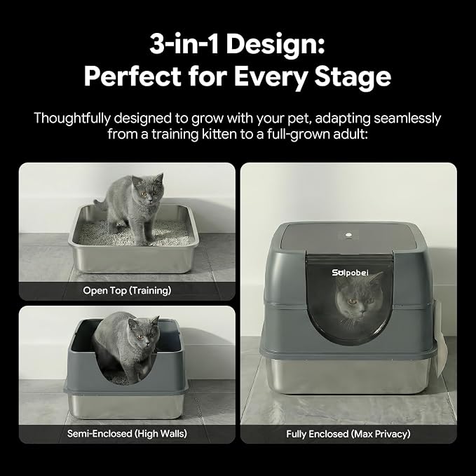 Solpobei Stainless Steel Cat Litter Box with Lid, Covered Pan, Medium | Metal cat box, small enclosed pan, 18.7 in length, high sided, odor control