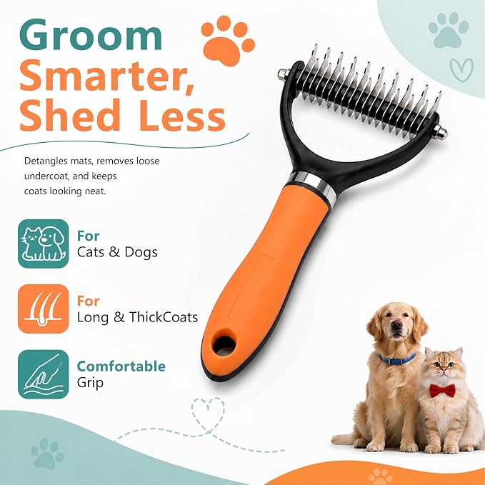 Dog Brush and Cat Deshedding Rake, Pet Grooming Tool for Shedding with Rounded Stainless Steel Teeth, Comfortable Grip for Long or Thick Coats (Green)