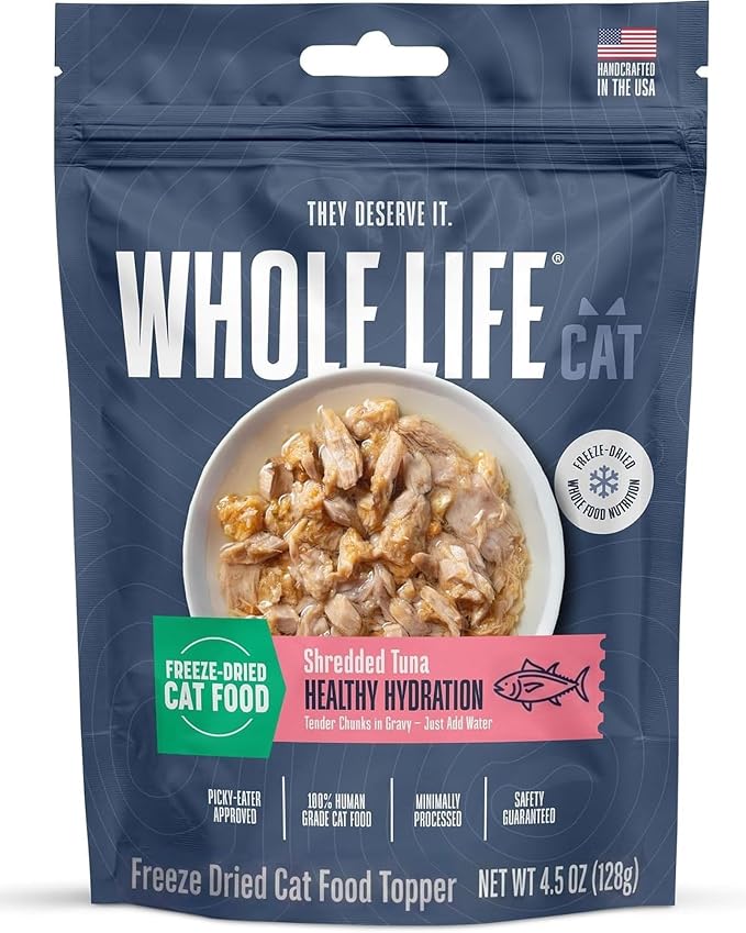Whole Life Cat Freeze Dried Cat Food - Human-Grade Wet Food Toppers, Snacks & Lickable Treats, Instantly Hydrating Natural Broth Just Add Water - Shredded Tuna, 4.5 Oz