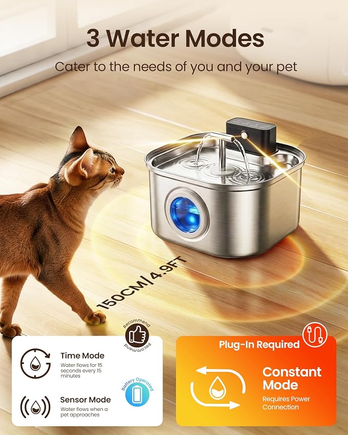 Cordless Cat Water Fountain Stainless Steel, 3.2L/108oz Wireless Pet Water Fountain, Battery Operated Rechargeable Automatic Cat Fountains for Drinking with Motion Sensor (4 Filter)