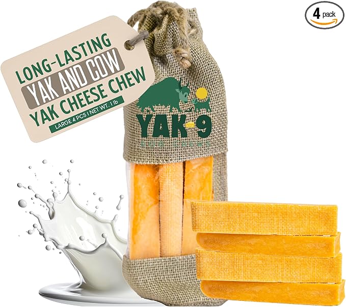 Yak9 Himalayan Yak Cheese Dog Chews | No Hide Dog Chews Long Lasting | High Protein, Non GMO, Gluten & Grain Free | Yak & Cow Milk Natural Dog Chew | Large, 4 PC