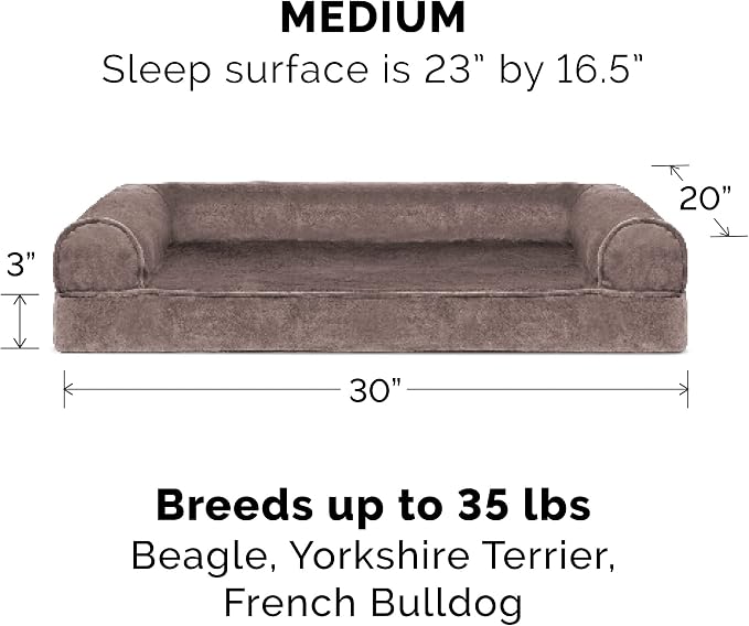 Furhaven Memory Foam Dog Bed for Medium/Small Dogs w/ Removable Bolsters & Washable Cover, For Dogs Up to 35 lbs - Faux Fur & Velvet Sofa - Driftwood Brown, Medium