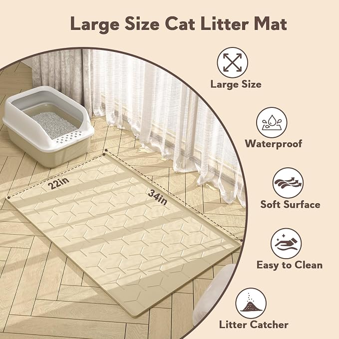 Garoopion Silicone Cat Litter Trapping Mat, Large Waterproof 34" X 22" Cat Litter Box Mat, Easy to Clean, Beige