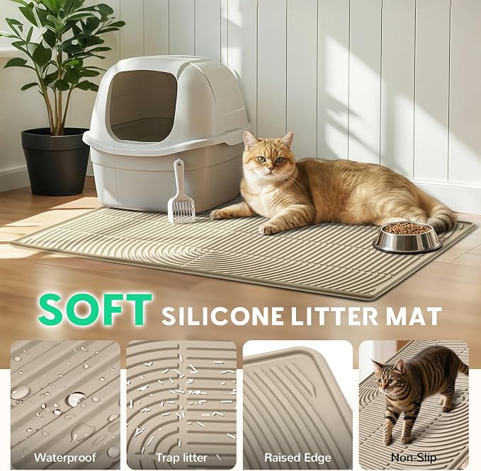 Pawtasy Cat Litter Box Mat,40" x 28" Extra Large Silicone Waterproof Litter Trapping Mat for Scatter Control Soft on Kitty Paws Non-Slip Easy to Clean