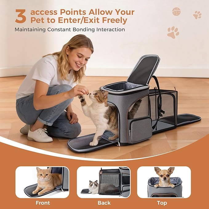 Lekereise Cat Backpack Expandable Pet Carrier Backpack for Small Cats and Dogs, Airline-Approved Foldable Dog Carrier Backpack with Inner Safety Leash, Grey