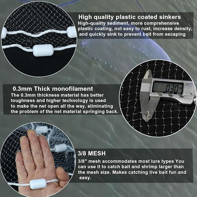 Drasry Saltwater Fishing Cast Net 3/8 and 1/4 Mesh with Heavy Duty Gray Sinker American Monofilament Fish Throw Net for Bait Trap 3FT 4FT 5FT 6FT 7FT 8FT 9FT Radius