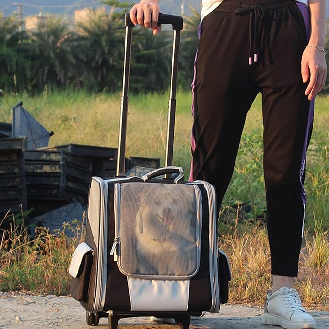 Pet Rolling Carrier,Foldable Cat Carrier Strollers Backpack Bag Puppy Dog Carrier Luggage with Wheels and Telescopic Handle for Cats Dogs Rabbits Kittens Puppies
