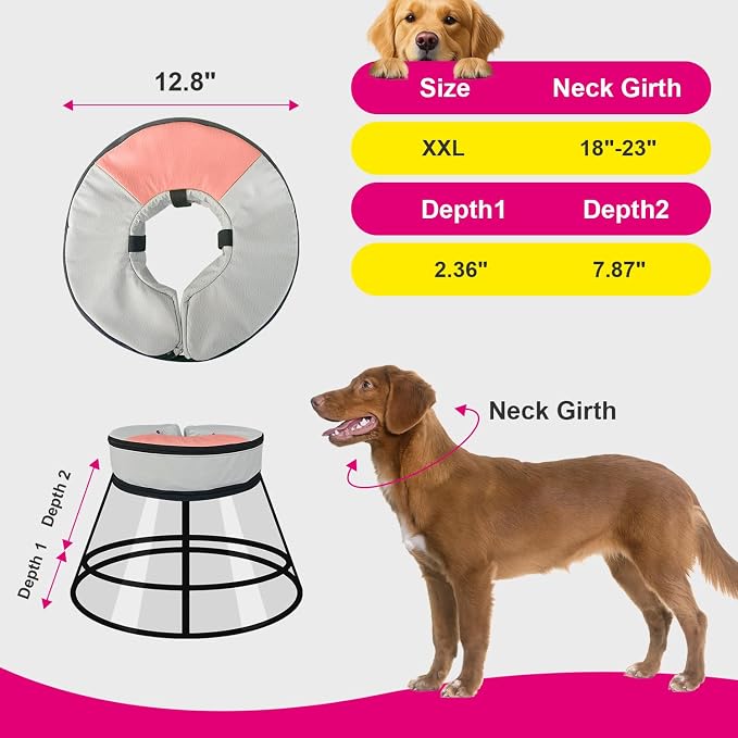 Sponge Core Dog Cat Cone Collar for After Surgery Recovery, Inflatable Dog Cone Alternative, Lainergie Dogs Donut Collar Adjustable with 2PCS Cover for Large Medium Small Dogs Cats (Grey+Pink, XXL)