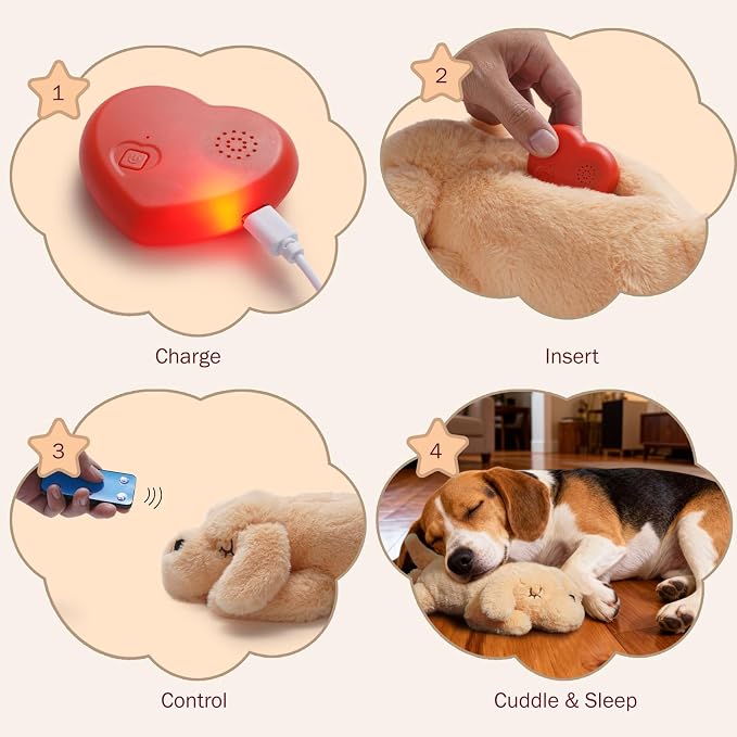 Fuzzwoof Remote Controlled Heartbeat Dog Toy, 8-Sounds & Heartbeat Simulation Plush Toy for Puppy Sleep Aid & Anxiety Relief, Crate Training, Rechargeable Calming Companion