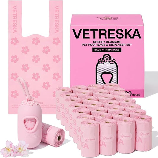 VETRESKA Dog Poop Bags with Handles 450 Count, Floral Scented Waste Bags, Leak-Proof Thick Dog Bags for Poop, Easy-Tie Large Poop Bags, 30 Refill Rolls with 1 Dispenser for Dog Walking Cat Litter
