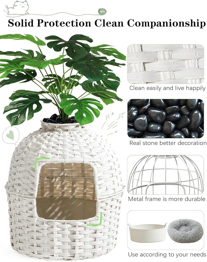 SETVSON Cat Litter Box Plant Enclosure, Hidden Handwoven Rattan with Cat Litter Box Furniture and Artificial Plants, Odor Control Filter, Real Stones in Living Room, Bedroom, Corner (White)