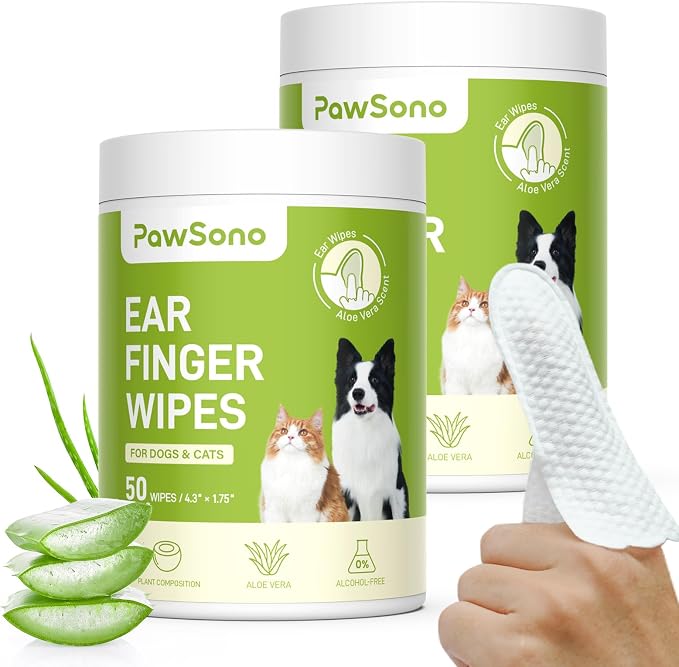 PawSono Ear Finger Wipes Eye Wipes for Dogs & Cats, Thicker Dog Ear Cleaner Wipes, Natural Relief Cat Ear Cleaner Dog, Pet Health Supplies for Dog Kitten Small Animal, Aloe Scent Deodorizing - 100 P