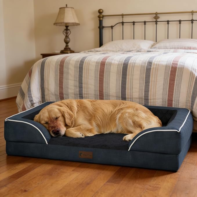 Orthopedic Dog Beds for Extra Large Sized Dogs 45x35 Inch, XL Waterproof Egg Crate Foam Dog Sofa Bed with Removable Washable Cover Big Pet Couch with Bolster & Non-Slip Bottom, Navy Blue