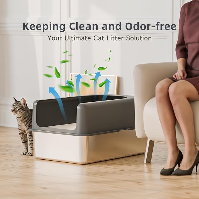 Booche High-Sided Stainless Steel Cat Litter Box,Stainless Steel Litter Box with Lid,Extra Large,Easy-to-Clean Metal Litter Pan for Cats (24''L X 16''W X 12''H with Enclosure)