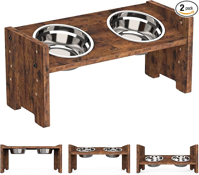 Vantic Elevated Dog Bowls, Adjustable Raised Dog Bowl Stand for Small Puppy and Cats, Sturdy Pet Food Feeder with 2 Stainless Steel Dishes, Rustic Brown