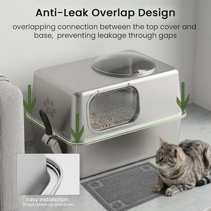 Ptlom Enclosed Stainless Steel Cat Litter Box with Lid, Extra Large Metal Litter Box, Leak-Proof High Sided Covered Litter Box for Kitties & Multi Cats, Non-Stick, Includes Litter Mat & Scoop