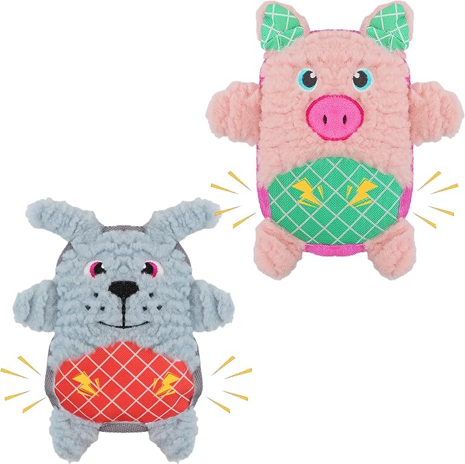 Crinkle Dog Toys Squeaky Plush No Stuffing Cute Puppy Stuffless Tough Rop Pull Toy, Fun Dog Stuffed Animals Durable Chew Set for Small Medium Large Pup (Large, Pink Pig+Blue Dog)