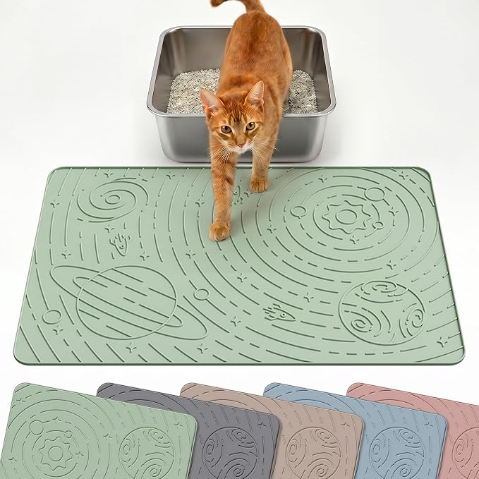 OHMO Cat Litter Mat Medium 23.6x15.7in, Sage Green Silicone Rubber Scatter Control Kitty Litter Box Trapping Mat, Waterproof Easy to Clean, Odorless Pet Supplies, Indoor Cat Essentials