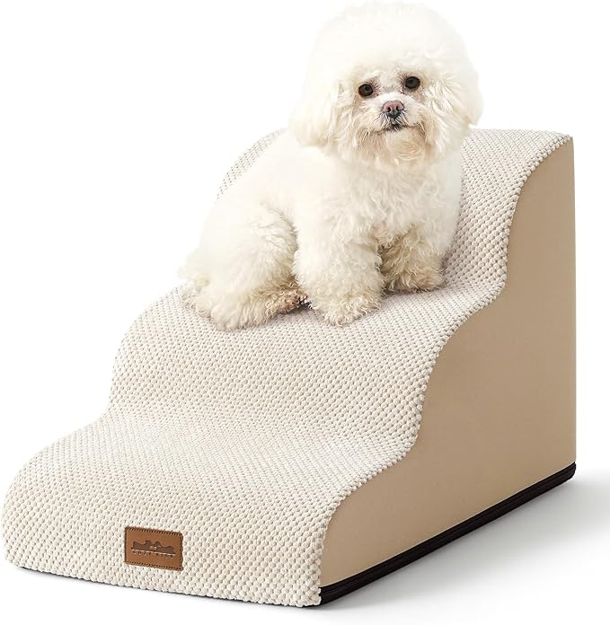 COZY KISS Wide Dog Stairs for Small Dog 15.7" H, Pet Step for Puppy, Older Cat, Curved Ramp for Couch, Durable Anti-Slip Ladder with High Density Foam, 3 Step, 17.7x22.4x15.7 inch, Beige