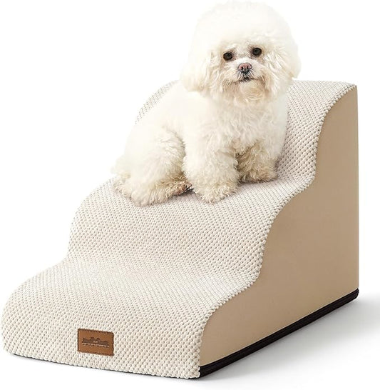 COZY KISS Wide Dog Stairs for Small Dog 15.7" H, Pet Step for Puppy, Older Cat, Curved Ramp for Couch, Durable Anti-Slip Ladder with High Density Foam, 3 Step, 17.7x22.4x15.7 inch, Beige
