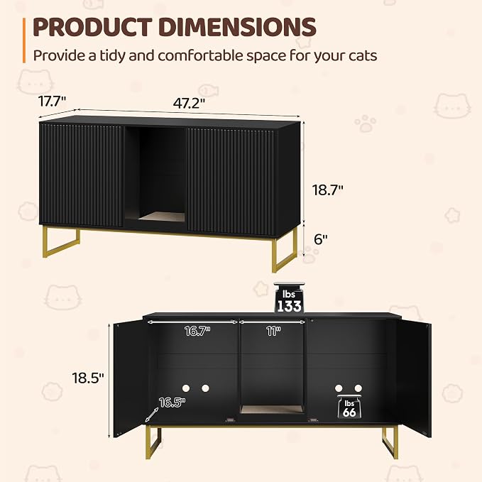 Kitty Litter Box Enclosure for 2 Cats, Small Hidden Cat Litter Box Furniture with Scratch Pad, Modern Fluted Double Litterbox Cabinet TV Stand for Kittens, Black