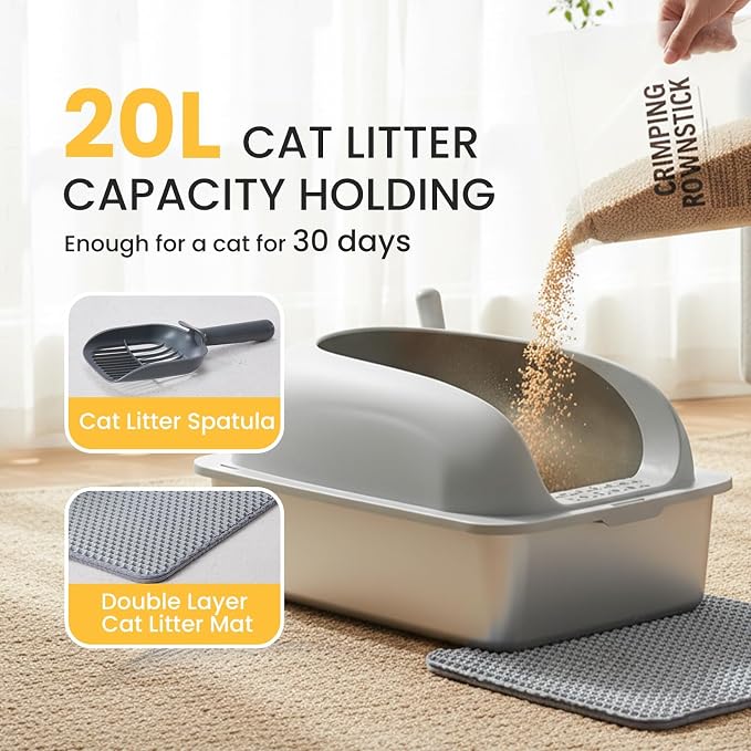 Simple Deluxe XL Stainless Steel Cat Litter Box with Lid, 24" x 16" x 12" High Sided Metal Litter Pan for Large Cats, Urine-Proof Non-Stick, Light Gray