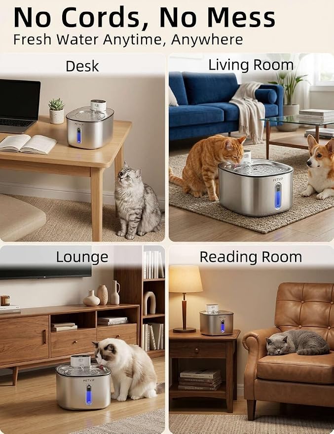 Wireless Cat Water Fountain Stainless Steel,135fl-oz/4L Battery Operated Automatic Pet Water Dispenser,Cordless Dog Water Fountain,Water Fountains for Cats Indoor,Ultra Quiet