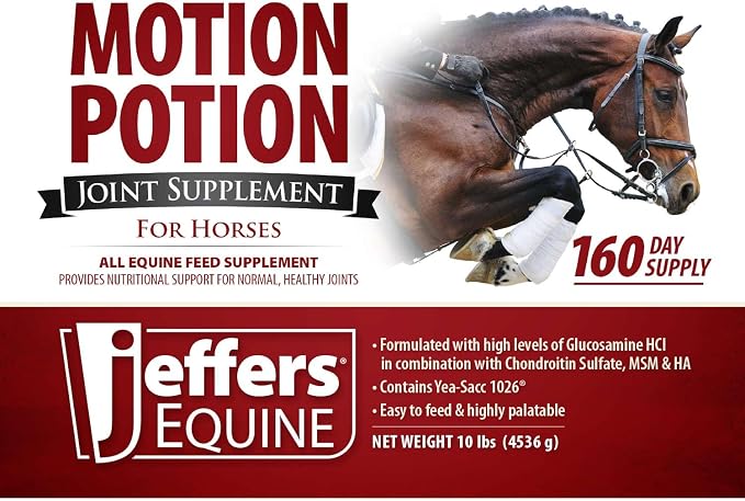 Jeffers Motion Potion Horse Joint Supplement Pellets – Glucosamine HCL, MSM, Chondroitin, Hyaluronic Acid, Vitamin C & E, Daily Equine Support for Senior & Active Horses – 10 lbs, 160 Day Supply