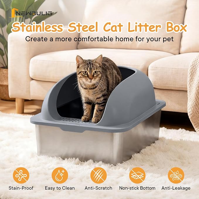 Extra Large Cat Litter Box with Lid, Stainless Steel Cat Litter Box with Scoop and Mat, High Walls for Anti-Urine Leakage, Easy Cleaning, Dark Gray