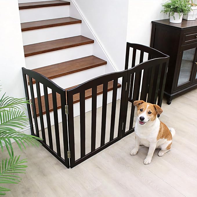 Freestanding Dog Gate Indoor,Doggie Gate Foldable Pet Gates for Doorways,Stairs or Hallways, Wooden Black Pet Gate for the House, Pet Fence,24 "Height-3 Panels
