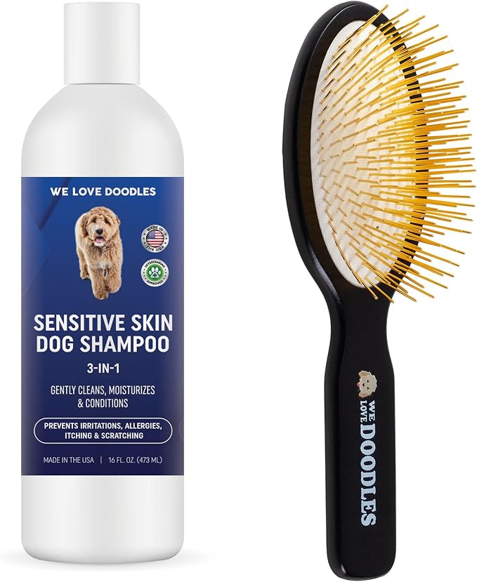 We Love Doodles Bundle Premium 3-in-1 Sensitive Skin Dog Shampoo - for Allergies, Itching, Scratching, Anti-Itch and Pin Brush for Dogs - Pet Grooming Detangler for Shedding and Removing Loose Fur