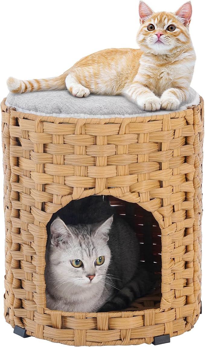 SETVSON Cat House for Indoor Cat, Small Cat Houses Handwoven PE Rattan Kitten Cave, Pet Kitten Bed Covered, One Bed Pad, 13 x 13 x 13.7 Inches, Foldable Hideaway in Living Room Gray