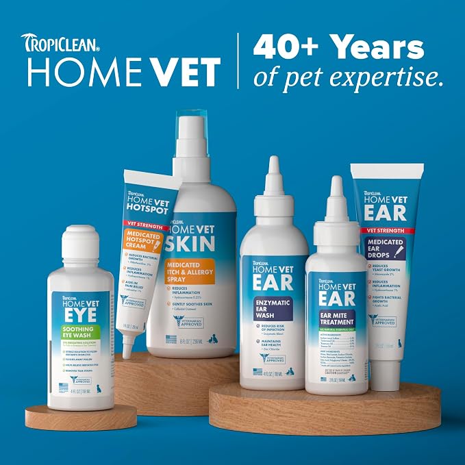 TropiClean HomeVet Medicated Ear Drops for Dogs, Vet Recommended Yeast & Fungal Treatment, Daily Dog Ear Cleaner, USA Made, 2 oz