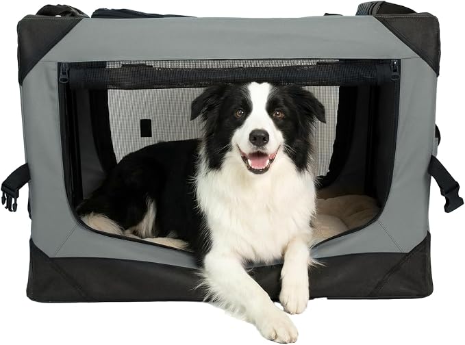 36 Inch Soft Collapsible Crate for Large Dogs, 4-Door Portable Foldable Soft Kennel with Chew Proof Mesh Windows for Indoor & Outdoor Travel Grey