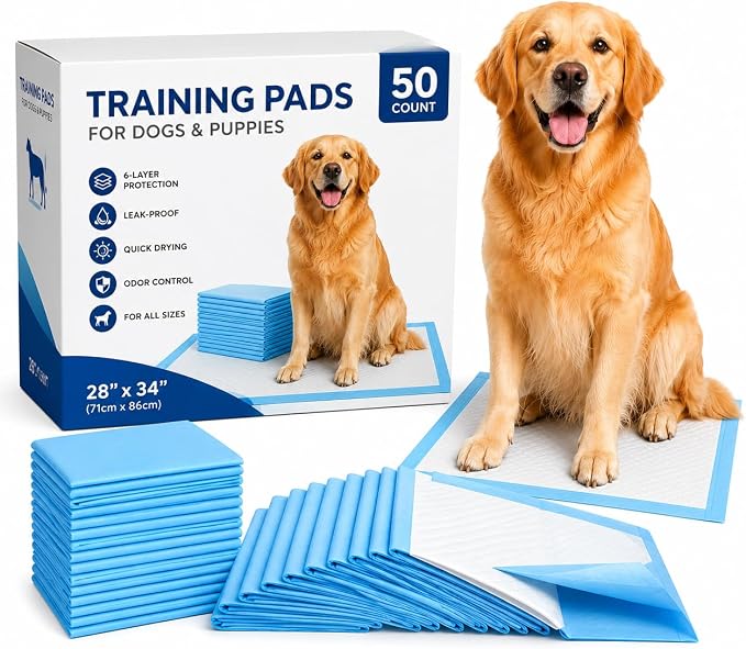 Puppy Training Pads 28x34 Inches (50 Count Pack) Super Absorbent Leak Proof Pee Pads for Dogs & Puppies