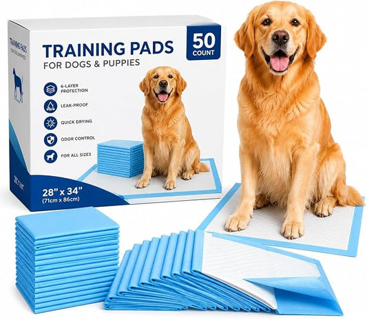 Puppy Training Pads 28x34 Inches (50 Count Pack) Super Absorbent Leak Proof Pee Pads for Dogs & Puppies