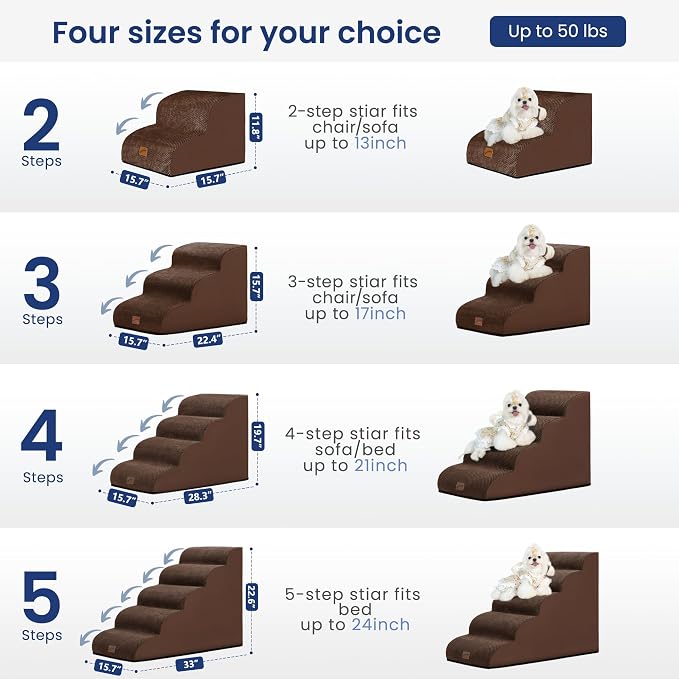 GoGoBunny Waterproof High Density Foam Curved Dog Stairs for High Beds Couches 19.7" H, 4-Step Ramp Dog Steps Friendly to Small Medium Dogs or Pets Joints, Non-Slip Balanced Durable Pet Step, Brown