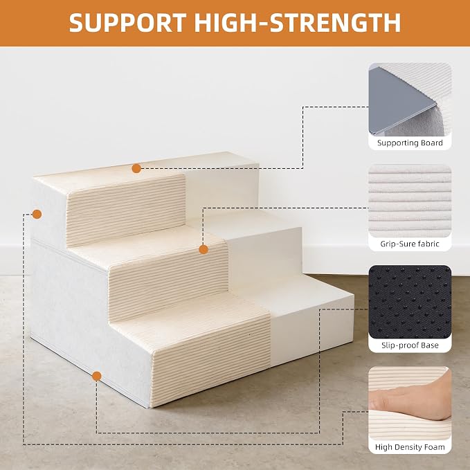 Dog Stairs for Small Dogs, 13.5" H, 3-Step Pet Steps for Bed Couch Sofa and Chair, Non-Slip Balanced Pet Ramp for Injured & Senior Pets with Washable Cover and Durable High Density Foam,Beige