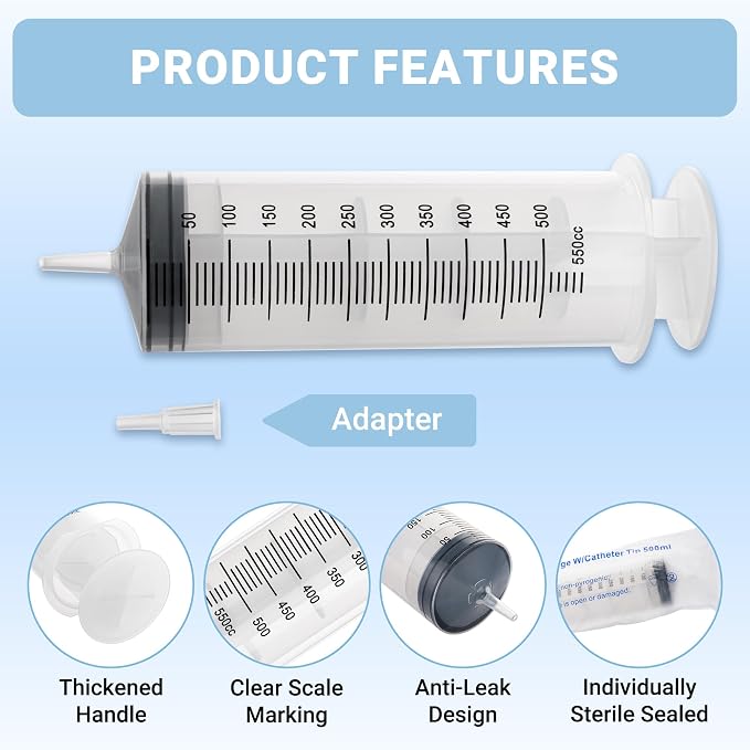 500ml Large Syringe, Plastic Syringe with Tip Adapter, for Thick Liquids for Scientific Labs, Measuring, Watering, Refilling, Filtration Multiple Uses, Individual Sealed